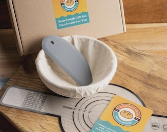 Sourdough Starter Kit - Baking Gift Set with Banneton Basket, Dough Scraper & Silicone Mat
