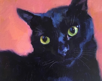 Blackcat35. Expressive Black Cat Painting*Gift for a Black Cat Lover*Original Black cat Oil painting*Small Square 8x8 Black Cat Painting