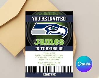 Invitation de billet d'anniversaire des Seahawks, fête sportive modifiable (téléchargement numérique)