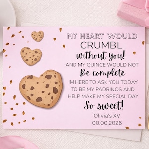 Tarjeta de propuesta de padrino de quinceañera con temática de galletas (descarga digital, 5 x 3 pulgadas, editable en Canva)