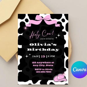 May include: A birthday invitation with a black and white cow print design. The invitation features the text "Holy Cow!" and "Olivia's Birthday" in pink and white. Additional details include the date, time, address, and RSVP information. A pink bow and a pink cowboy hat are also included.