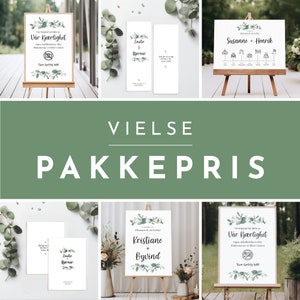 Pakkepris VIELSE | Få 5 i 1 | &#39;EUKALYPTUS&#39; | Mobilfri Vielse | Velkommenskilt m/tidslinje | Kirkeprogram | Ankomst | Mal | Bryllupshjelpen