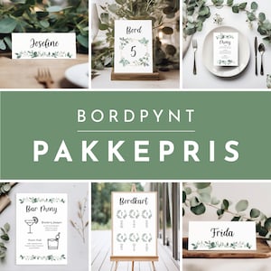 Pakkepris BORDPYNT | Få 6 i 1 | &#39;EUKALYPTUS&#39; | Navnekort | Bordnummer | Bordkart | Bordoversikt | Meny | Signaturdrink | Bryllupshjelpen