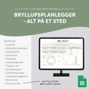 May include: A digital planner for wedding planning with the title "BryllupsPlanlegger - Alt på et sted" and the text "Sofie & Harald" in a white box. The planner includes a checklist, budget, guest list, and other helpful tools for planning a wedding.