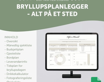 BRYLLUPSPLANLEGGER i google sheet  | Sjekkliste | Budsjett | Gjesteliste | Bordplan | Drikkekalkulator | Gaveoversikt | Ønskeliste
