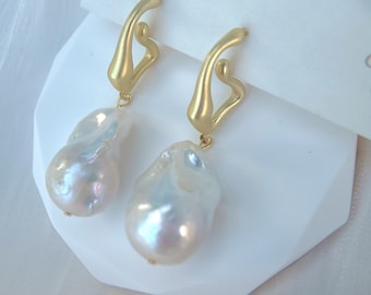 Designer Matt Gold Hoop Earrings, Real Freshwater Fireball Baroque Pearl Earrings, Natural Flameball Earrings, Natural Pearl Earrings