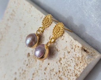 Lace Wrapped Freshwater Baroque Pearl Earrings, 18K Gold Plated Earrings, Hand Beated Purple Pearl Earrings, Handmade Real Pearl Earrings