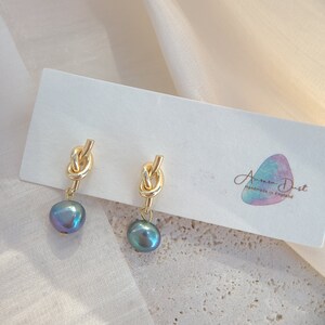 Friendship Knot Real Peacock Pearl Drop Earrings, Knot Ring Pearl Pearl Stud Earrings, Real Freshwater Baroque Pearl in 14K Gold Plated