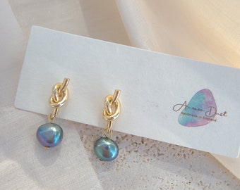 Friendship Knot Real Peacock Pearl Drop Earrings, Knot Ring Pearl Pearl Stud Earrings, Real Freshwater Baroque Pearl in 14K Gold Plated