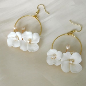 White Porcelain Flower Bridal Earrings with Freshwater Pearls, Wedding Earrings for Brides, Bridal Accessories, Hook Floral Earrings