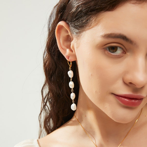 Long Baroque Pearl Drop Earrings – Unique Pearl Bridal Earrings, Elegant Statement Dangle Earrings, Handmade Wedding Jewelry Gift