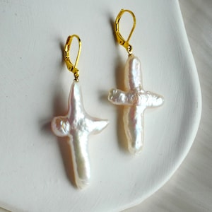 Freshwater Pearl Cross Earrings: Sterling Silver or Gold