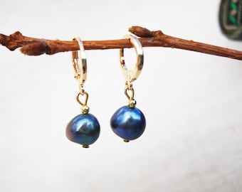 Huggie Hoop Natural Pearl Earrings, Real Blue Pearl Earrings, Real Freshwater Baroque Pearl Earrings, Peacock Blue Irregular Pearl Earrings