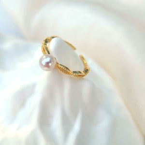 Wavy Eyes Real Pearl Ring, 18K Gold Vermeil 925 Solid Sterling Silver Ring, Perfect Round Natural Pearl Ring, AAA pearl Ring, Gift for her