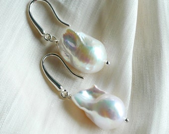 Real Freshwater Fireball Pearl S925 Sterling Silver Fish Hook Earrings, Flame Ball Pearl Drop Earrings, Natural Baroque Pearl Earrings