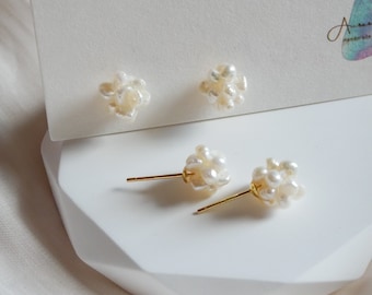 REAL Pearl Cluster Stud Earrings, Natural Pearl Cluster Earrings, Handmade Baroque Pearl Earrings, Vintage Pearl Earrings, Minimalist Pearl