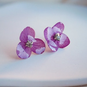 Real Fushia Hydrangea Stud Earrings, Pressed Flower Earrings, 925 Sterling Silver Floral Earrings, Botanical Jewellery, Dried Flower Earring