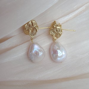 Crumpled Dangle Earrings, Real Freshwater Drop Baroque Pearl, 18K Gold Plated Earrings, Trendy Pearl Earrings, Hypoallergenic Earrings