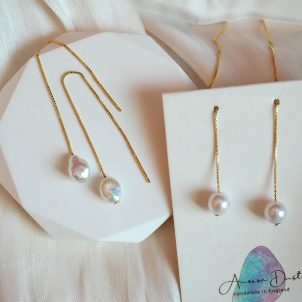 Eenvoudig oorhaakje met echt zoetwater, AAA Perfect Round Pearl/Keshi-parelinsteker, 18 kt goud over massief 925 sterlingzilver