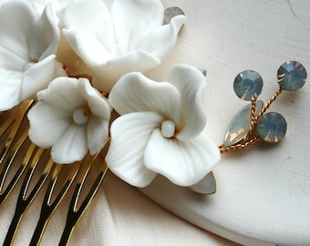 Pettine per capelli con fiori di porcellana, accessorio per capelli da sposa con fiori di argilla, pettine in ceramica per sposa, pettine in porcellana floreale bianca, accessori per capelli da sposa