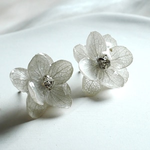 Real Grey Hydrangea Stud Earrings, Pressed Hydrangea Earrings, Real Flower Earrings & Rhinestone, Botanical Wedding Jewellery For Winter