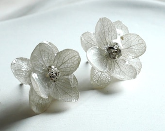 Real Grey Hydrangea Stud Earrings, Pressed Hydrangea Earrings, Real Flower Earrings & Rhinestone, Botanical Wedding Jewellery For Winter