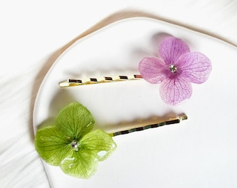 Real Hydrangea Flower and Rhinestone Pin Hair Clip, Pressed Flower Hair Accessory, Nature Hair Clips, Cute Flower Hair Pins