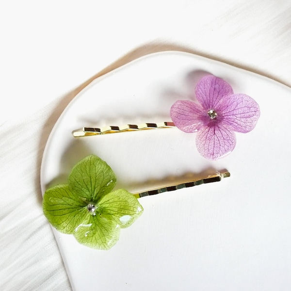 Real Hydrangea Flower and Rhinestone Pin Hair Clip, Pressed Flower Hair Accessory, Nature Hair Clips, Cute Flower Hair Pins