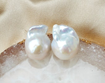Real Fireball Freshwater Pearl Stud Earrings, 925 Solid Sterling Silver Earrings, High Luster Flameball Pearl, Large Pearl Stud Earrings