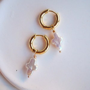 Huggie Hoop Pearl Earrings, Cross Pearl Earrings,Pearl Cross Earrings,  Religious Earrings, Bridal Pearl Earrings, Bridal Shower Gift