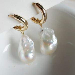 Huggie Hoop Pearl Earrings, Real Freshwater Fireball Baroque Pearl Earrings, Real Flameball Pearl Earrings, Modern Natural Pearl Earrings