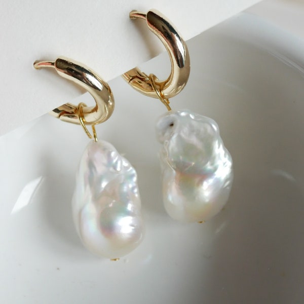 Huggie Hoop Pearl Earrings, Real Freshwater Fireball Baroque Pearl Earrings, Real Flameball Pearl Earrings, Modern Natural Pearl Earrings