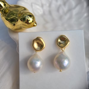 Round Concave Drop Pearl Earrings, Real Freshwater Drop Baroque Pearl Earrings, 18K Gold Plated Hypoallergenic Earrings, Modern Pearl