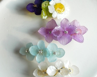 Barrette fleur d'hortensia véritable, barrette boutons de marguerite, barrette cheveux minimaliste, accessoire pour cheveux strass, barrette botanique