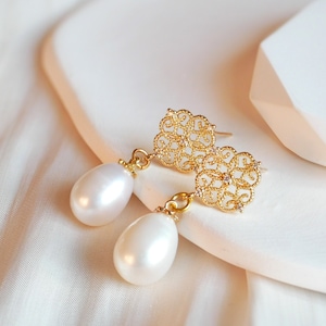 Laced Freshwater Teardrop Pearl Drop Earrings, Classic Real Drop Pearl Earrings, 18K gold Plated Hypoallergic Earrings, Pearl CZ Earrings