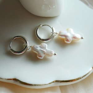 Huggie Hoop Pearl Earrings, Cross Pearl Earrings,Pearl Cross Earrings, Religious Earrings, Adult Baptism gift, Bridal Shower Gift