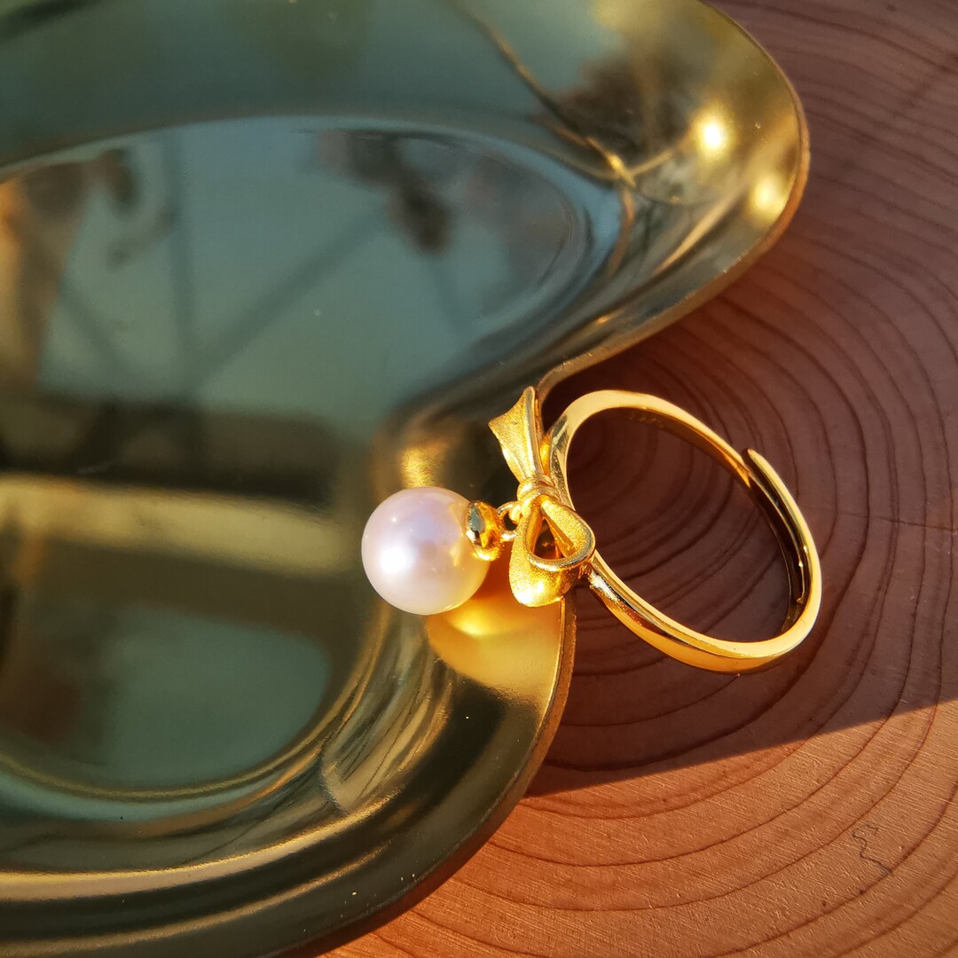 Adjustable Pearl Ring – 18K Gold Plated Sterling Silver, Dainty Gold ...