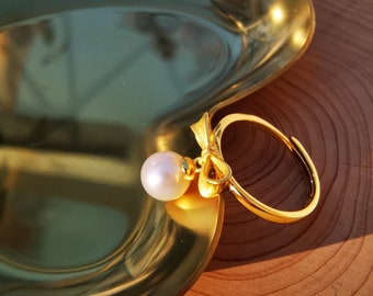 Real Pearl Ring (Adjustable)  – 18K Gold Plated Sterling Silver, Dainty Gold Statement Ring, Elegant Jewelry Gift for Her