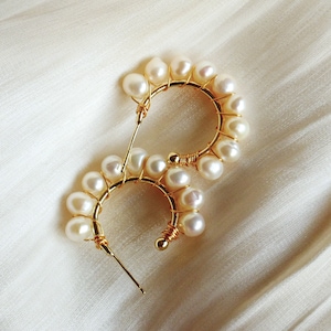 Real Pearl Bohemia Hoop Earrings, Freshwater Button Pearl Earrings, Dainty Pearl Hoop Earrings, Wedding Bohemia Pearl Earrings