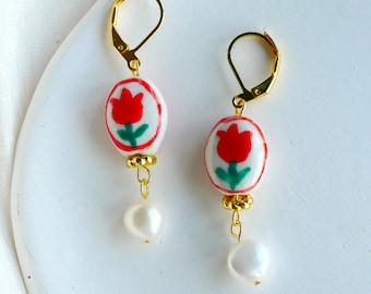 Real Pearl Porcelain Tulip Earrings, Flower Hand-Painted Ceramic Drop Earrings with Freshwater Pearl, Handmade Porcelain Floral Earrings