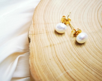 Simple Freshwater Pearl Stud Earrings, 14K gold vermeil over 925 Sterling Silver, Real White Button Pearl Earrings, Minimalist, - 3 sizes