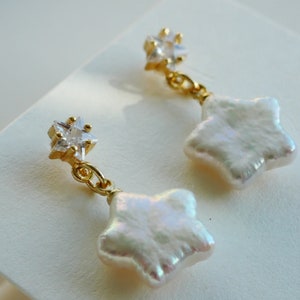 Star Shape Freshwater Pearl Drop Earrings, Real Star Pearl Rhinestone Dangle Earrings, Xmas Pearl Earrings, Bridal Baroque Pearl Earrings