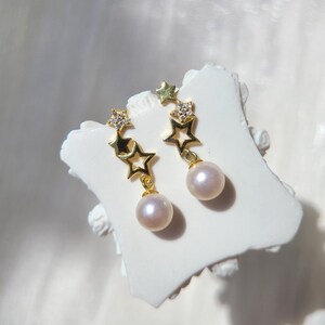 Shooting Star Real Pearl Drop Earrings, Freshwater Perfect Round Pearl & CZ Earrings, Dainty Handmade Pearl Earrings, Pearl Bridal Earrings