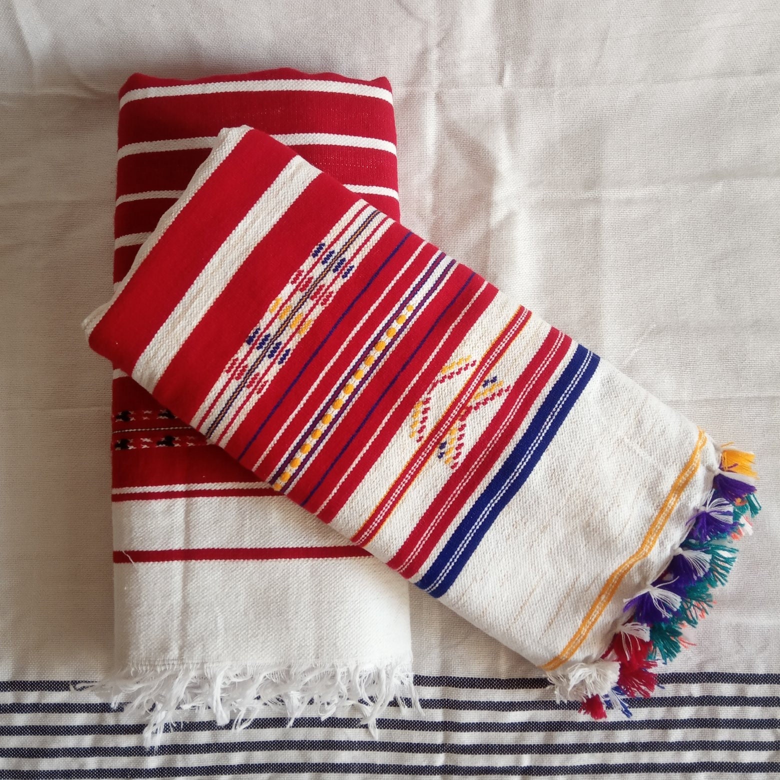 Fouta Authentique Du Nord Maroc, 100% Coton à Rayures Rouge, Jaune, Blanc, Bleue, Fouta Rif Tissée L