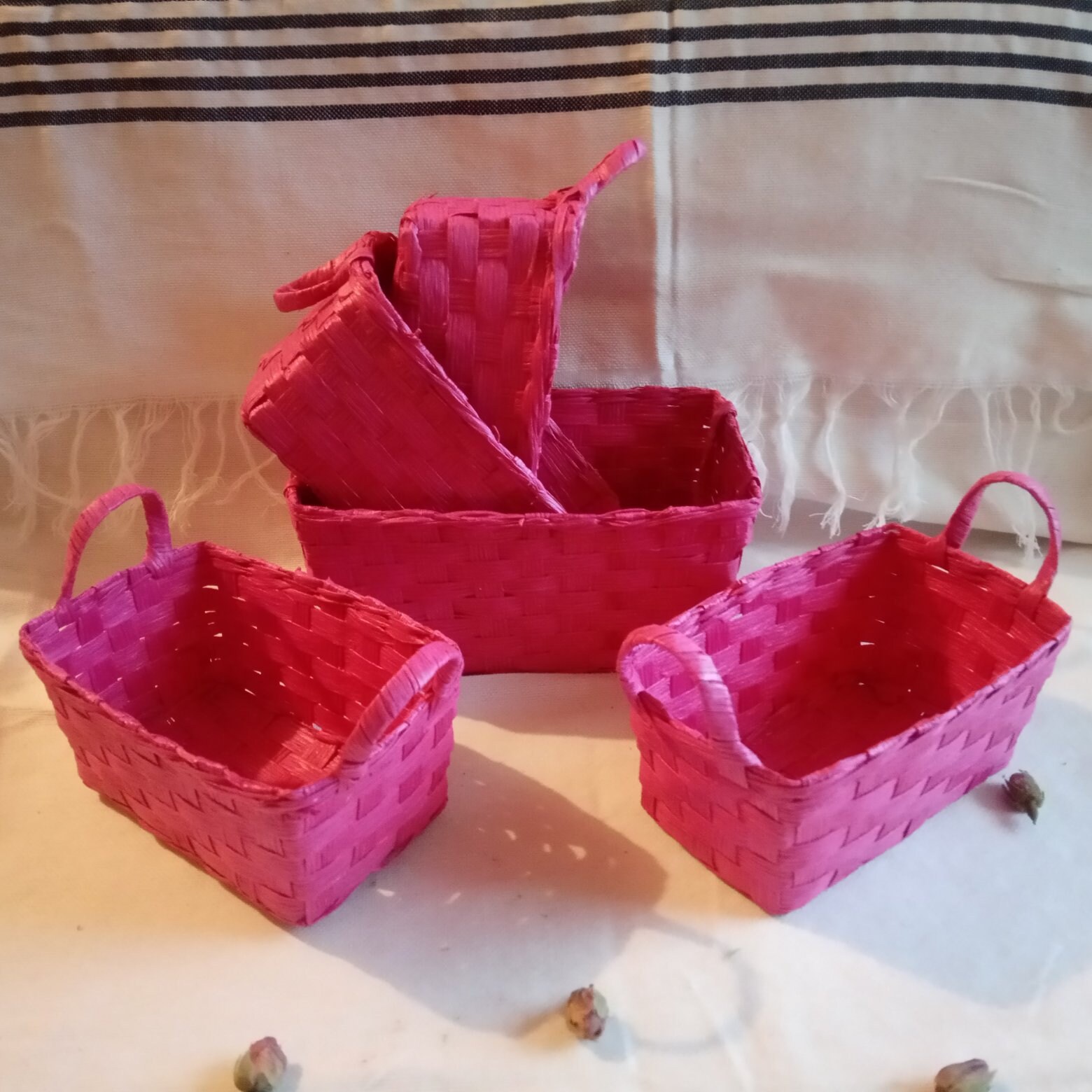 Lot 5 Paniers Raphia Fushia, Accessoires Usage Multiples, Vide Poche