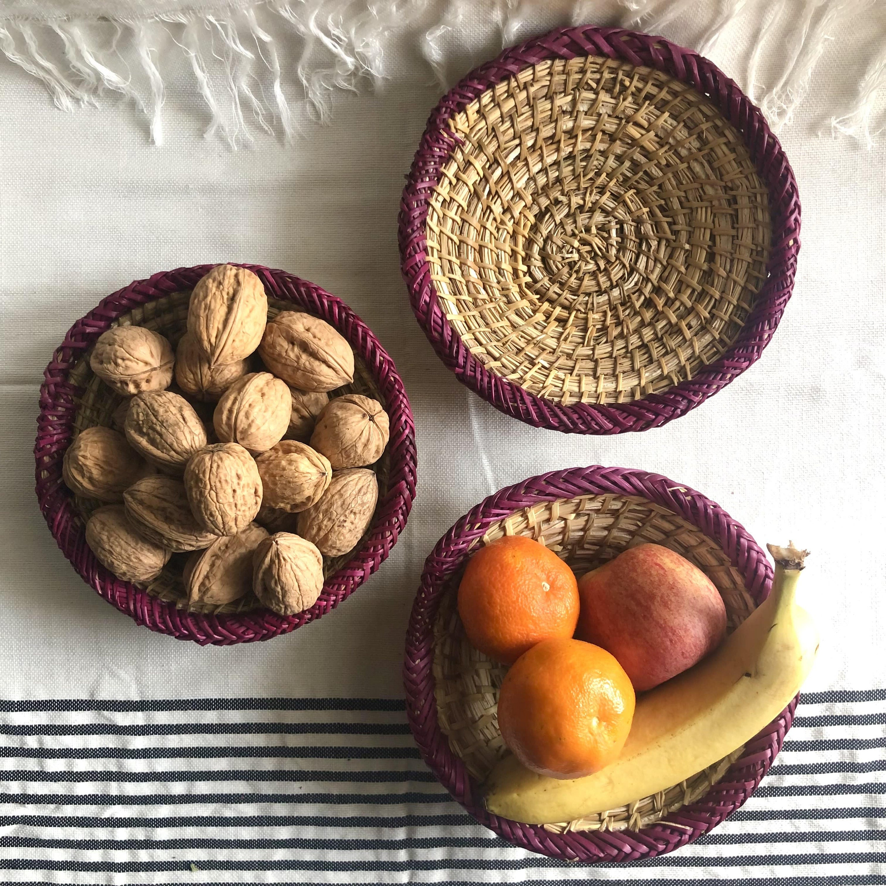 Trio Paniers Marocains en Feuille de Palmier Tressés à La Main, Corbeille Fruits, Panier Pain, Maroc