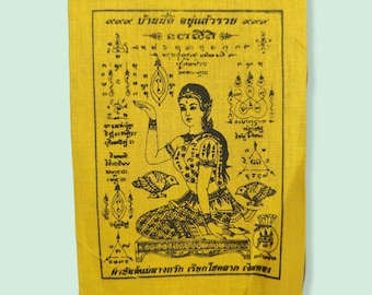 Lady Goddess Nang Kwak Buddha Talisman Thai Amulet Money Calling Wealth Lottery Yellow Cloth Yant 15x11cm