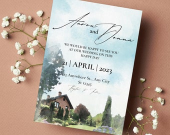 Custom Watercolor Wedding Invitation, Venue Illustration from Photo, Digital Download