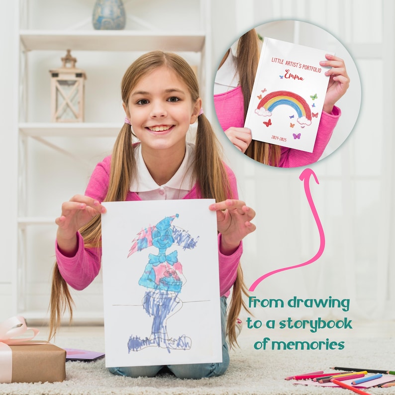 Personalized book made from children's drawings, printed on premium coated paper. Beautifully packaged children’s artwork book, perfect for special occasions. Handmade with care using premium NEVIA coated paper