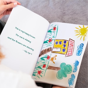 Child flipping through their own artwork in a personalized printed storybook. This one-of-a-kind kids art portfolio is the perfect way to honor their growing talent. Each book is custom-designed with love, using premium coated paper and vibrant print technology, certified for HP Indigo. Available in A5 and A4 sizes, landscape or portrait formats, this personalized creation fits perfectly on your bookshelf — and in your heart.